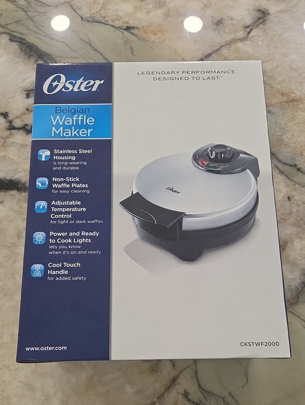 Oster Belgian Waffle Maker in silver and black finish